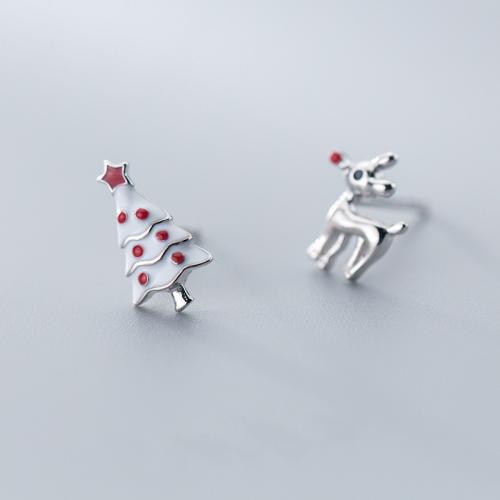 argent sterling 925 Boucles d’oreilles asymétriques stud, arbre de noël, Plaqué de platine, Bijoux de Noël & pour femme & émail, left earring size right earring size Vendu par paire