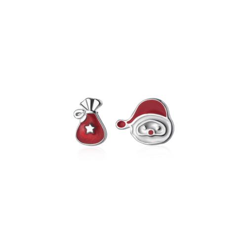 925 Sterling Silver Asymmetric Stud Earrings, Santa Claus, Christmas jewelry & for woman & enamel 