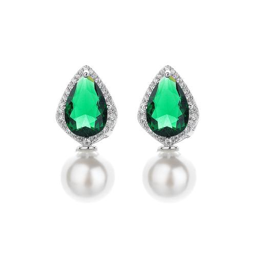 Cubic Zirconia Micro Pave Brass Earring, with Plastic Pearl, fashion jewelry & micro pave cubic zirconia & for woman, green 