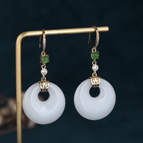 Rhinestone Brass Drop Earring, with Synthetic Jade, fashion jewelry & for woman & with rhinestone, 52mm 