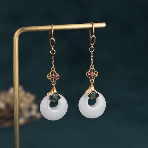 Rhinestone Brass Drop Earring, with Synthetic Jade, fashion jewelry & for woman & with rhinestone, 54mm 