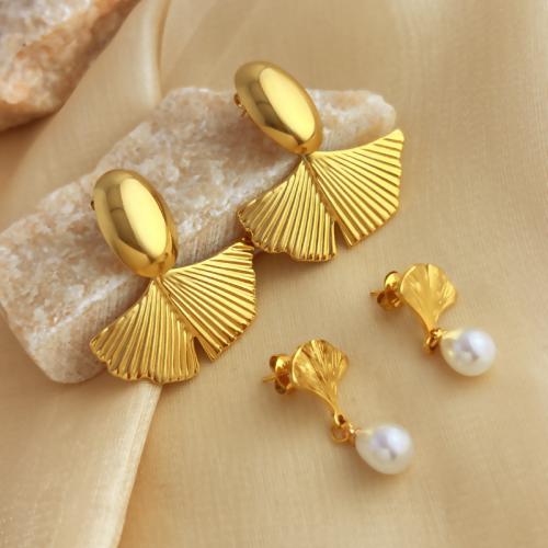 Stainless Steel Drop Earring, 304 Stainless Steel, with Plastic Pearl, Ginkgo Leaf, fashion jewelry & for woman, golden 