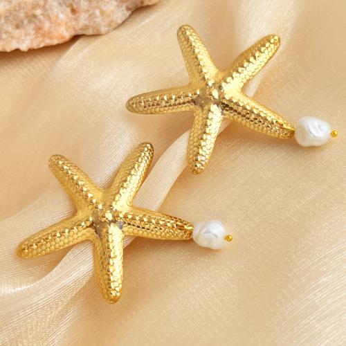 Stainless Steel Stud Earring, 304 Stainless Steel, with Plastic Pearl, Starfish, fashion jewelry & for woman, golden 