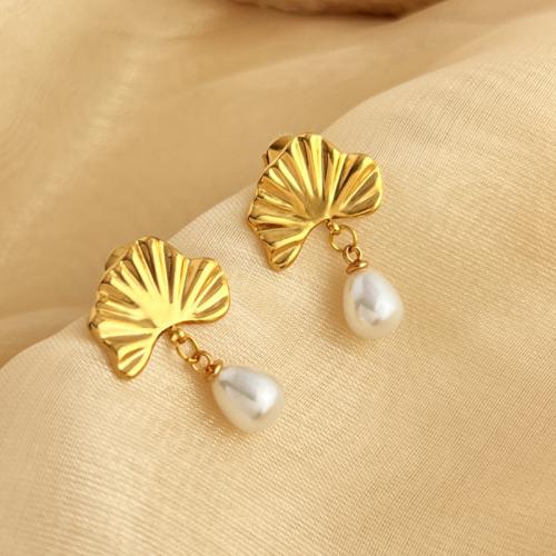 Stainless Steel Drop Earring, 304 Stainless Steel, with Plastic Pearl, Ginkgo Leaf, fashion jewelry & for woman, golden 