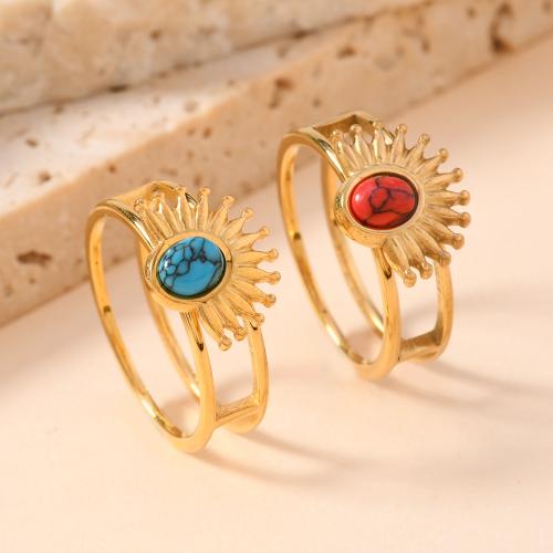 Gemstone Stainless Steel Finger Ring, 304 Stainless Steel, with turquoise, 18K gold plated, fashion jewelry & for woman diameter 17mm 