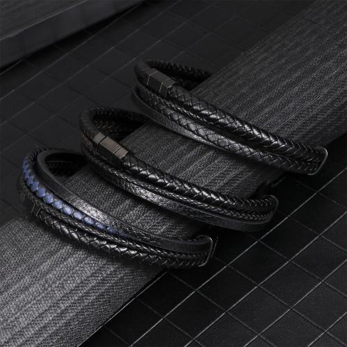 PU Leather Cord Bracelets, 304 Stainless Steel, with PU Leather, plated, multilayer & for man cm 