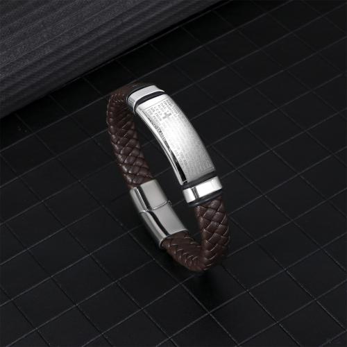 PU Leather Cord Bracelets, 304 Stainless Steel, with PU Leather, silver color plated, for man, brown cm 