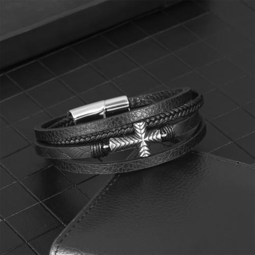 PU Leather Cord Bracelets, 304 Stainless Steel, with PU Leather, Cross, silver color plated, multilayer & for man, black cm 