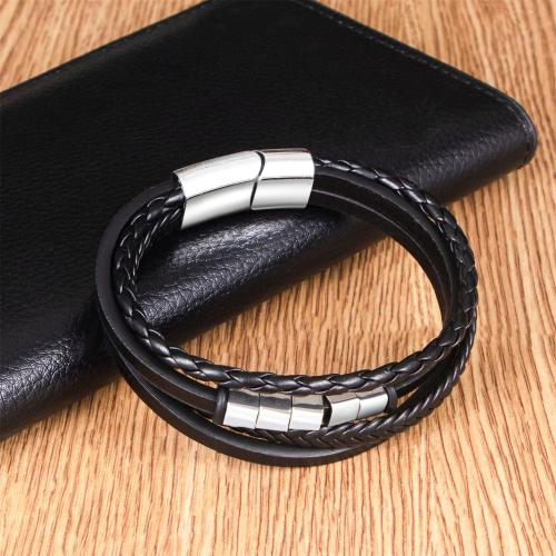 PU Leather Cord Bracelets, Zinc Alloy, with Magnet & PU Leather, silver color plated, multilayer & for man, black cm 