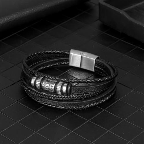 Pulseras de Cordón de PU, acero inoxidable 304, con Cuero de PU, chapado en color de plata, multicapa & para hombre, Negro, longitud:21 cm, Vendido por UD