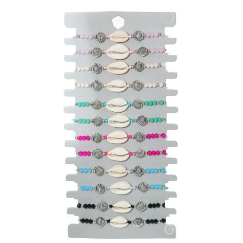 Shell de agua dulce de la pulsera, aleación de zinc, con Cordón de nudo & Seedbead & Nácar, chapado en color de plata, Ajustable & para mujer, multicolor, longitud:29 cm, 12PCs/Set, Vendido por Set