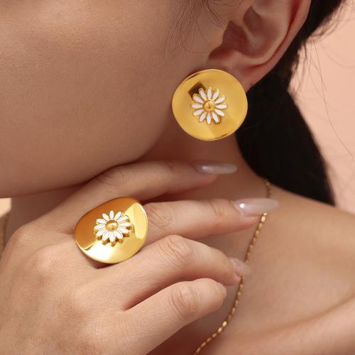 Enamel Stainless Steel Jewelry Sets, 304 Stainless Steel, Stud Earring & finger ring, Flower, gold color plated & for woman 