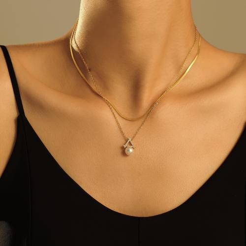 Stainless Steel Jewelry Necklace, 304 Stainless Steel, with Shell Pearl, plated & for woman & with rhinestone 