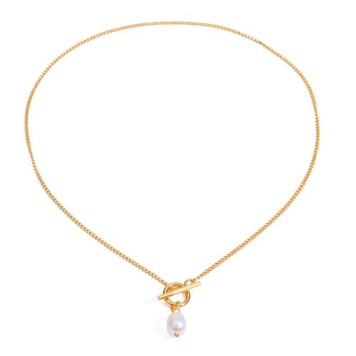 Stainless Steel Jewelry Necklace, 304 Stainless Steel, with Plastic Pearl, 18K gold plated, fashion jewelry & for woman .5 Inch 