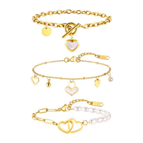 Stainless Steel Charm Bracelet, 304 Stainless Steel, with Plastic Pearl, fashion jewelry & for woman, golden 