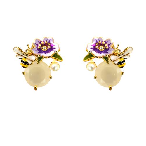 Cubic Zirconia Micro Pave Brass Earring, with Glass & Plastic Pearl, plated, micro pave cubic zirconia & for woman & enamel, gold 