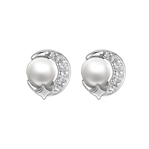 Cubic Zirconia Micro Pave Sterling Silver Earring, 925 Sterling Silver, with Plastic Pearl, micro pave cubic zirconia & for woman, platinum color 