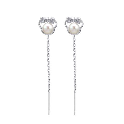 Sterling Silver Pearl Drop Earring, 925 Sterling Silver, with Freshwater Pearl, for woman, platinum color, 40mm 