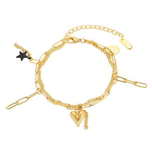 Acero inoxidable Pulsera con dijes, acero inoxidable 304, Corazón, Recubrimiento iónico al vacío, para mujer, dorado, longitud:aproximado 22.2 cm, Vendido por UD