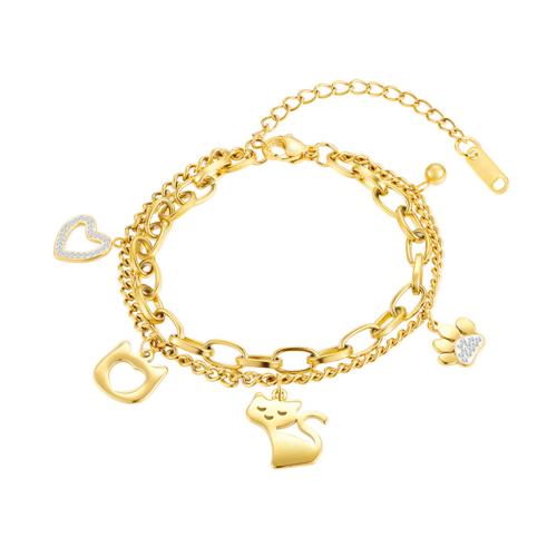 Acero inoxidable Pulsera con dijes, acero inoxidable 304, Recubrimiento iónico al vacío, micro arcilla de zirconia cúbica & para mujer, dorado, longitud:aproximado 22.5 cm, Vendido por UD