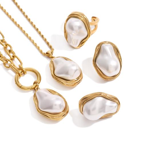 Fashion Stainless Steel Jewelry Sets, 304 Stainless Steel, with Plastic Pearl, Vacuum Ion Plating, fashion jewelry & for woman, golden 