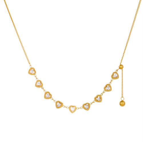 Collier de bijoux en acier inoxydable, Acier inoxydable 304, avec 5cm chaînes de rallonge, coeur, Placage de couleur d'or, bijoux de mode & pour femme & avec strass, doré Environ 43 cm, Vendu par brin