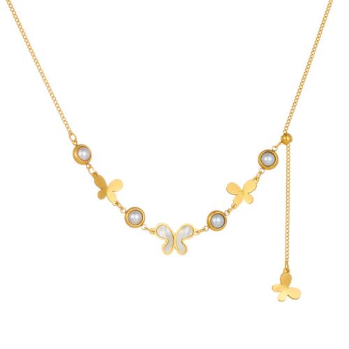 Collier de bijoux en acier inoxydable, Acier inoxydable 304, avec coquille blanche & perle de plastique, avec 6cm chaînes de rallonge, papillon, bijoux de mode & pour femme, doré Environ 42.5 cm, Vendu par brin