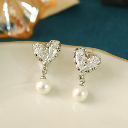 Cubic Zirconia Micro Pave Brass Earring, with Glass Pearl, Heart, plated, micro pave cubic zirconia & for woman, platinum color 