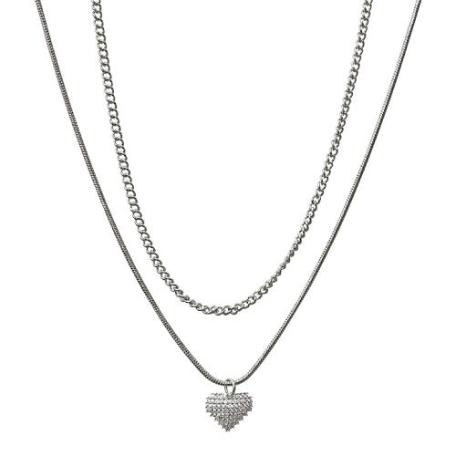 Zinc Alloy Necklace, with Brass, with 6CM extender chain, Heart, plated, micro pave cubic zirconia & for woman, silver color Approx 41 cm 