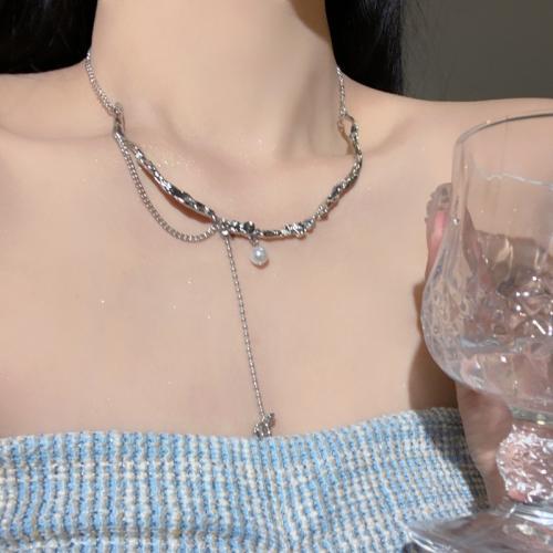 Rhinestone Zinc Alloy Necklace, with Plastic Pearl, with 6CM extender chain, plated, for woman & with rhinestone, silver color Approx 41 cm 