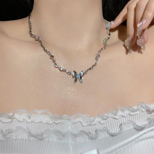 Rhinestone Zinc Alloy Necklace, with 6CM extender chain, Butterfly, plated, for woman & enamel & with rhinestone, silver color Approx 41 cm 