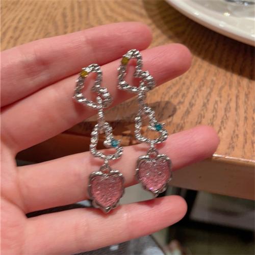 Zinc Alloy Rhinestone Stud Earring, with Acrylic, Heart, plated, for woman & with rhinestone, silver color, 50mm 