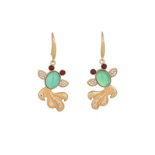 Rhinestone Brass Drop Earring, with Synthetic Jade, Fish, fashion jewelry & for woman & with rhinestone, 40mm 