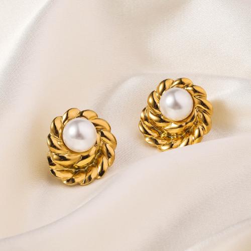 Arete de acero inoxidable , acero inoxidable 304, con Shell Pearl, 18K chapado en oro, Joyería & para mujer, dorado, 21x23mm, Vendido por Par