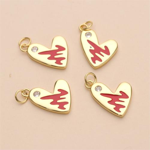 Enamel Brass Pendants, Heart, gold color plated, DIY & micro pave cubic zirconia, 16mm 