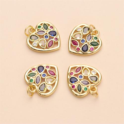 Cubic Zirconia Micro Pave Brass Pendant, Heart, gold color plated, DIY & micro pave cubic zirconia, multi-colored, 16mm 