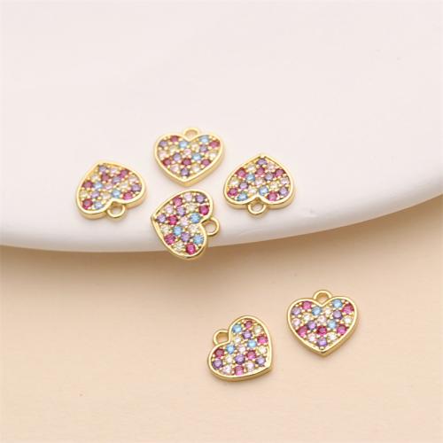 Cubic Zirconia Micro Pave Brass Pendant, Heart, gold color plated, DIY & micro pave cubic zirconia, multi-colored, 9mm 