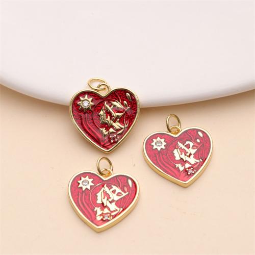 Enamel Brass Pendants, Heart, gold color plated, DIY & micro pave cubic zirconia, red, 17mm 