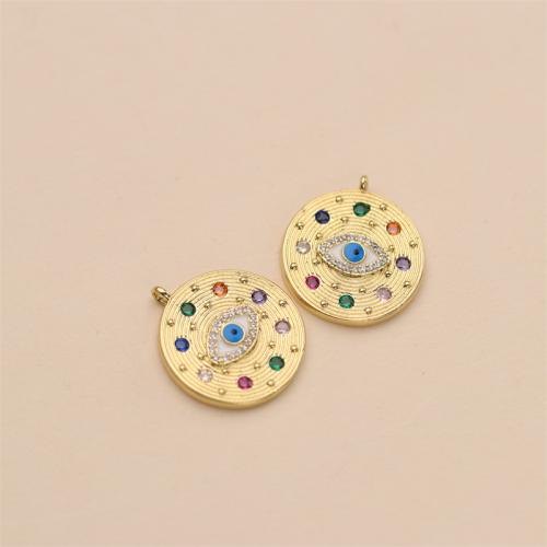 Fashion Evil Eye Pendant, Brass, Round, gold color plated, DIY & evil eye pattern & micro pave cubic zirconia, multi-colored [