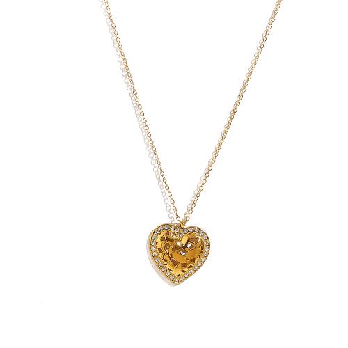 Stainless Steel Jewelry Necklace, 304 Stainless Steel, with 5cm extender chain, Heart, gold color plated, fashion jewelry & with rhinestone, golden cm 