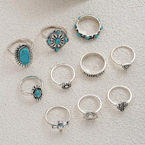 Zinc Alloy Ring Set, with turquoise, plated, 10 pieces & fashion jewelry & for woman, original color [