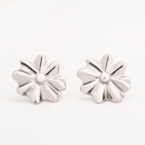 Stainless Steel Stud Earring, 304 Stainless Steel, with Plastic Pearl, Flower, Vacuum Ion Plating, fashion jewelry & for woman 