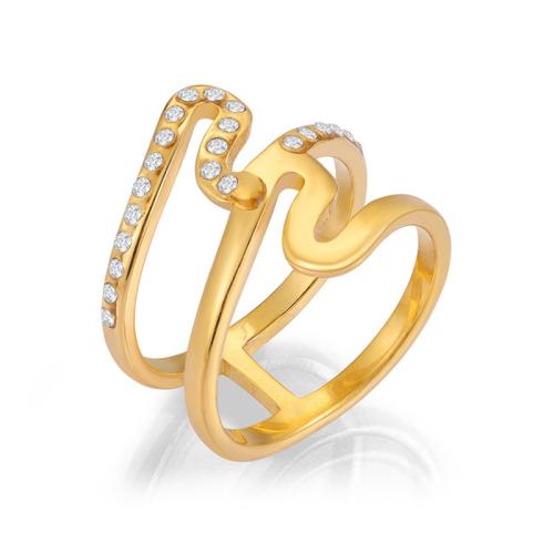 Cubic Zirconia anillo de dedo de acero inoxidable, acero inoxidable 304, Recubrimiento iónico al vacío, micro arcilla de zirconia cúbica & para mujer, dorado, Inner diameter 21.5MM, Vendido por UD