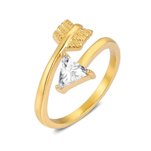 Cubic Zirconia anillo de dedo de acero inoxidable, acero inoxidable 304, Recubrimiento iónico al vacío, micro arcilla de zirconia cúbica & para mujer, dorado, Vendido por UD