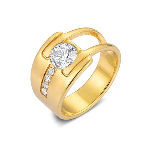 Cubic Zirconia anillo de dedo de acero inoxidable, acero inoxidable 304, Recubrimiento iónico al vacío, micro arcilla de zirconia cúbica & para mujer, dorado, Inner diameter 20MM, Vendido por UD