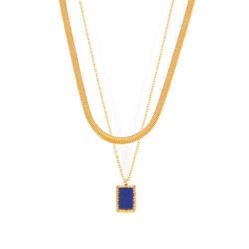 Titanium Steel Necklace, with Lapis Lazuli, gold color plated & for woman 