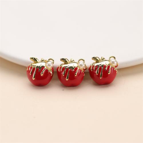 Enamel Brass Pendants, with Plastic Pearl, Apple, gold color plated, DIY, red 