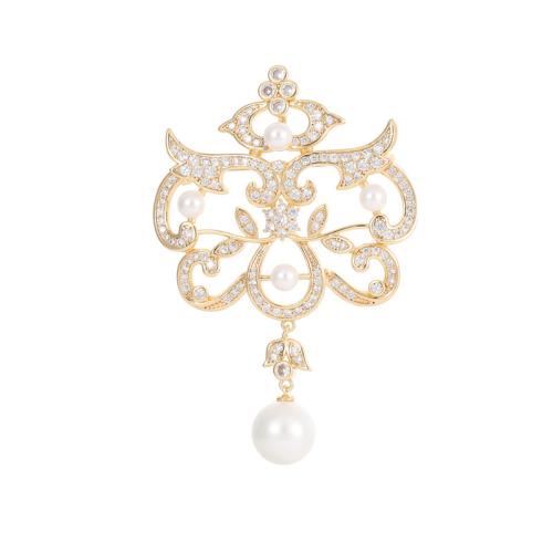 Cubic Zirconia Brooch, Brass, with Plastic Pearl, plated & micro pave cubic zirconia 