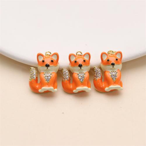 Enamel Brass Pendants, Fox, gold color plated, DIY & micro pave cubic zirconia, orange 