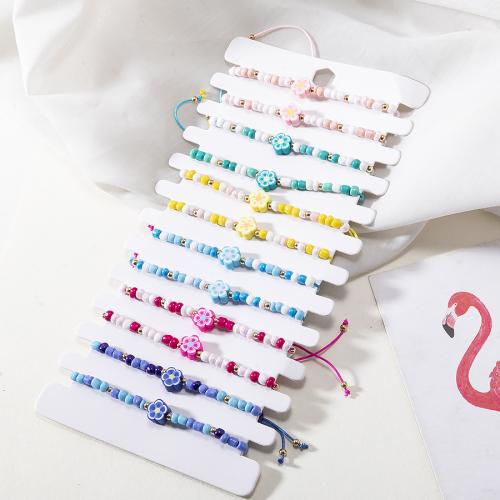 Pulseras de arcilla polimérica, Arcilla polimero, con Cordón de nudo & Seedbead, Flor, Ajustable & para mujer, longitud:5 cm, 12PCs/Set, Vendido por Set